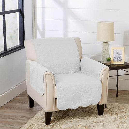 Great Bay Home Reversible Chair Cover - Washable Slipcover Furniture Protector with Elastic Straps - Furniture Cover for Dogs, Kids, and Pets - Quilted & Stitched Detail (Chair, White/Sand)