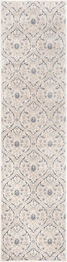 SAFAVIEH Brentwood Collection Runner Rug - 2' x 12', Light Grey & Blue, Floral Damask Ogee Trellis Design, Non-Shedding & Easy Care, Ideal for High Traffic Areas in Living Room, Bedroom (BNT860G)