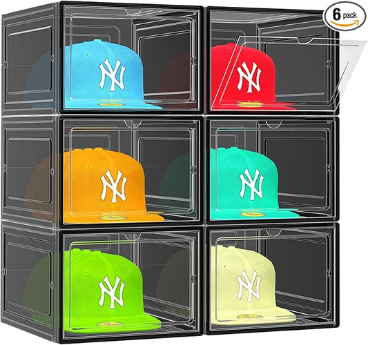 6 Pack Hat Organizer Box, Stackable Clear Baseball Caps Holder Box Containers with Magnetic Door for Hats Snapback Cap Storag, Hat Rack Display Case, Holds 8 Hats Each (Black)