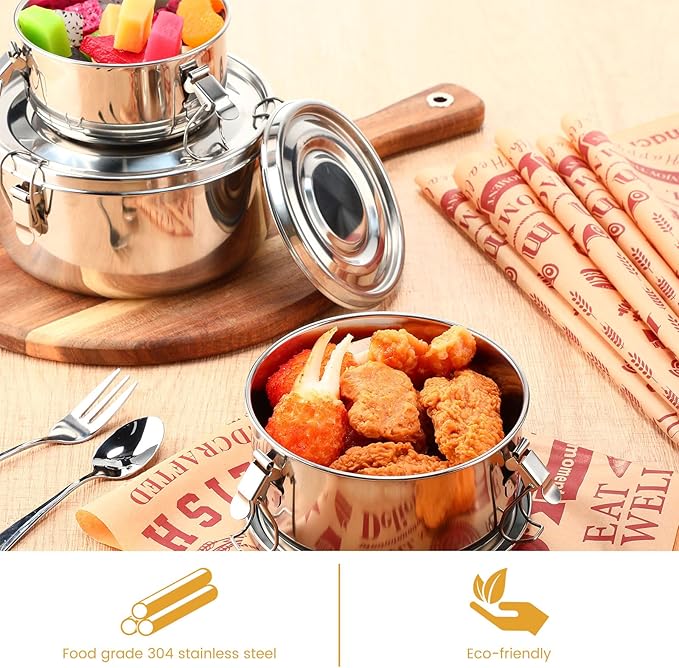 3 Pcs Stainless Steel Bento Box with Lockable Clips to Leak Proof Food Storage Containers Metal Lunch Container, Reusable Dishwasher Safe Lunch Snack Boxes(13 Oz, 22 Oz, 36 Oz)
