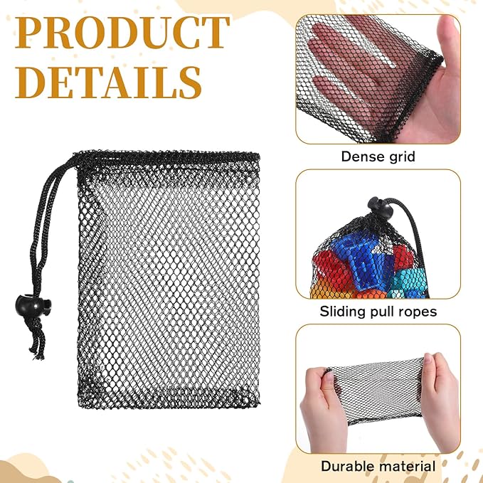 TIESOME 10 Pcs Mesh Drawstring Bags, 6" x 4" (15×10cm) Small Mesh Bag With Cord Lock Closure, Durable Breathable Net Bags For Laundry, Travel, Beach Toys, Seashell Collecting (Black)