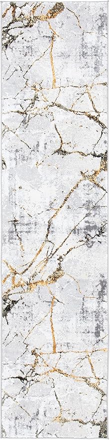 SAFAVIEH Amelia Collection Runner Rug - 2' x 10', Grey & Gold, Modern Abstract Design, Non-Shedding & Easy Care, Ideal for High Traffic Areas in Living Room, Bedroom (ALA293G)
