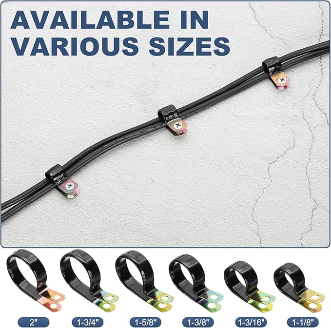 PATIKIL 1-3/16 Inch Vinyl Coated Cable Clamps, 50 Pack Galvanized Steel Metal Cable Clips Rubber Cushion Insulated Pipe Clamps for Tube Lines Cord Wire Management, Black
