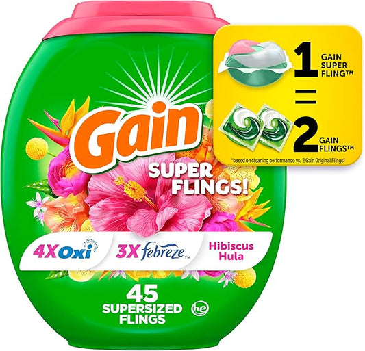 Gain Super Flings Laundry Detergent Pacs, 45 Count, Hibiscus Hula scent, irresistibly clean and fresh washing detergent laundry soap pacs