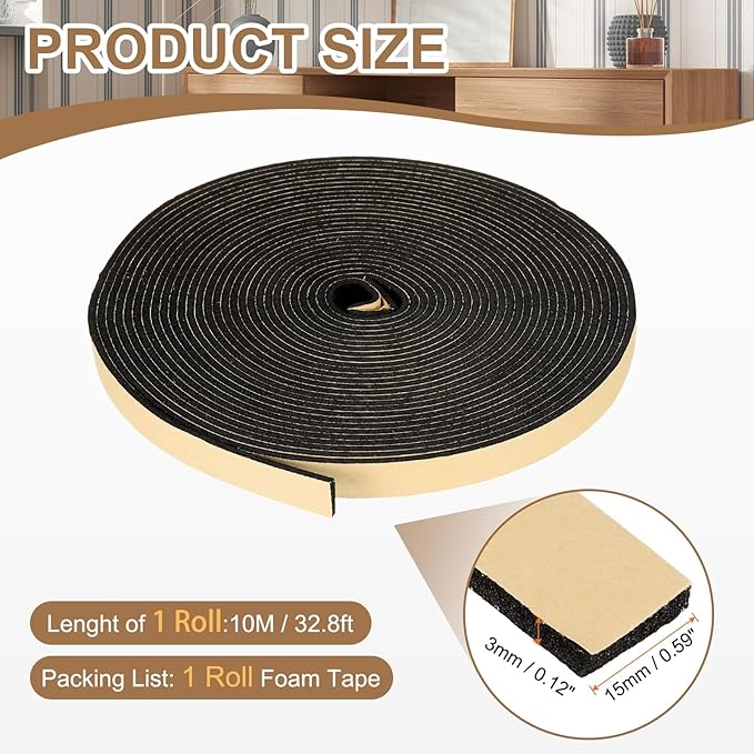 PATIKIL Foam Insulation Tape, 5/8" W x 1/8" t x 32.8FT Self Adhesive Weather Stripping Door Seal Strip for Door Window Air Conditioning, Black