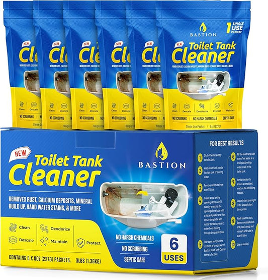 Bastion Toilet Tank Cleaner - 6-Uses. (*Not For Toilet Bowl*) Removes Rust, Mineral Deposits, Hard Water Stains, & Calcium Build Up. Contains 6 X 8oz Single Use Packets