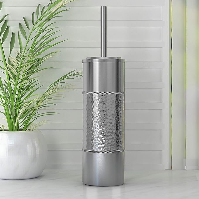 nu steel Hammer Detail Stainless Steel Toilet Brush with Covered Metal Case Finish Comes with a Complete Plastic Liner Inside to Prevent Dripping, Silver