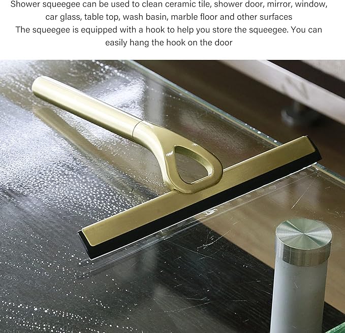 Shower Door Squeegee, Stainless Steel Shower Glass Cleaner Squeegee with Hook, 8.9x8.7in Household Wiper Gold, Versatile Shower Squeegee for Glass Doors, Window, Car