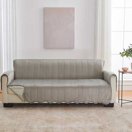 Great Bay Home Velvet Sofa Cover - Washable Slipcover Furniture Protector with Elastic Straps - Furniture Cover for Dogs, Kids, and Pets - Stitched Detail (Wild Dove Grey)