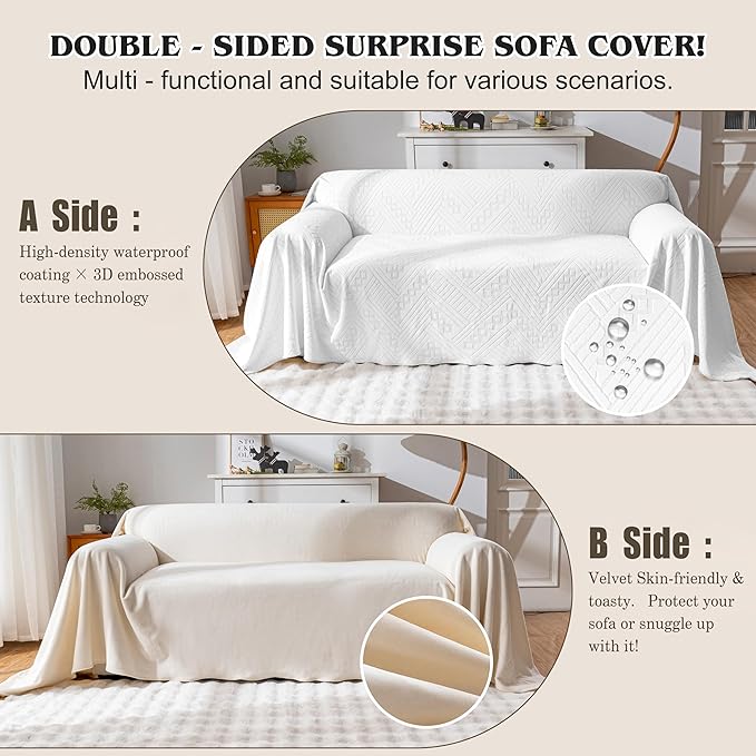 Waterproof Couch Cover, Reversible, Pet-Friendly, Washable and Anti-Slip Sofa Covers for Sofa Protection with 2 Cushions, Ideal Sofa Slipcovers for Dogs and Cats (71×102in/White)