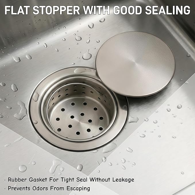 2-Pack 3-1/2 Inch Kitchen Sink Drain Strainer Assembly Kit, with Flat Stopper Cover and Removable Deep Strainer Basket, 304 Brushed Stainless Steel for Easy Replacement
