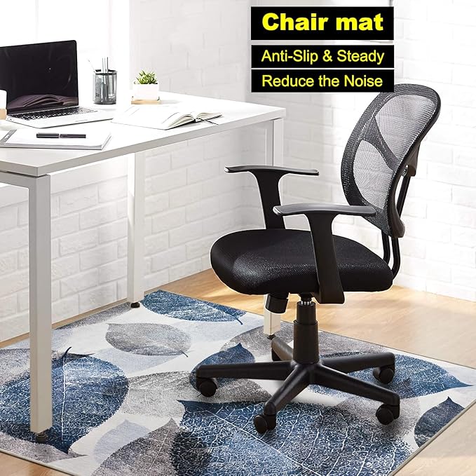 Office Chair Mat for Hardwood Floor & Low-Pile Carpet,60“*48”Highly Premium Quality Under Desk Mat, Desk Chair Mat for Carpet - 3.86lbs Anti-Slip Carpet Chair Mats Blue Leaf
