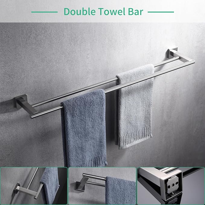 Miyili 5-Piece Bathroom Hardware Kit Set Brushed Stainless Steel Wall Mount - Includes Double Towel Bar, Hand Towel Rack, Toilet Paper Holder, 2X Robe Hook, BS02N5