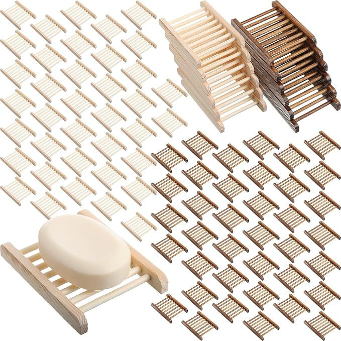 Rtteri 100 Pieces Bamboo Wood Soap Dish Tray Bathroom Wooden Soap Holder Handmade Bathtub Shower Dish Accessories for Home Bathroom Kitchen Sponge Scrubber