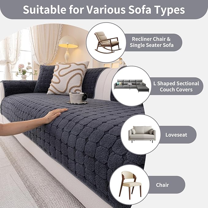 Velvet Sofa Covers Washable, Plush Warm Couch Cover for Sectional Sofa, Funny Fuzzy Couch Covers for Pets&Kids, Non-Slip Sectional Sofa Cover(1PC, Dark Grey, 35.4"×82.7", Large Sectional)