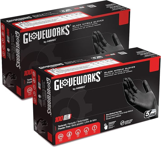 GLOVEWORKS Black Nitrile Gloves 5 Mil Disposable, Latex Free, Textured Grip for Food Service, Cooking, Professional Cleaning