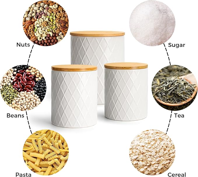 MIAMIO – Set of 3 Canister Sets for Kitchen Counter, Ceramic Kitchen Canister Set with Airtight Seal Wooden Lid - Perfect for Coffee, Tea, Sugar, Flour, Tea, Salt and More