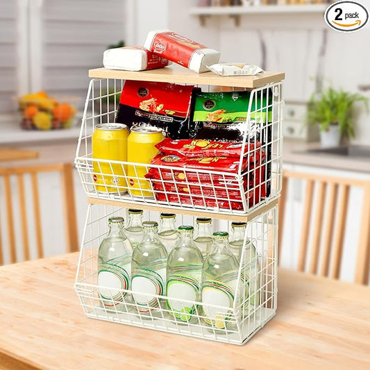 Fruit Basket, 2-Tier Fruit Bowl for Kitchen Counter, Stackable Wall Mounted Fruit Storage, Snack Organizer, Potato and Onion Storage Basket, Hanging Pantry Storage with Wood Lid, 2 Set, White