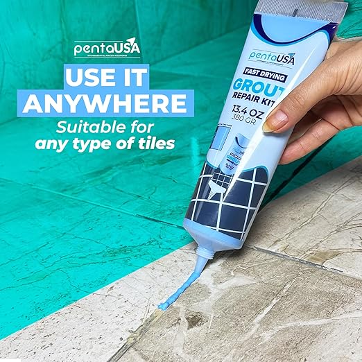 Tile Grout Repair Kit - Blue - Premixed Acrylic Sanded Grout, Waterproof Formula, Bathroom & Shower Grout Repair, with Plastic Applicator, 13.4 oz / 380 g / 0.84 lb