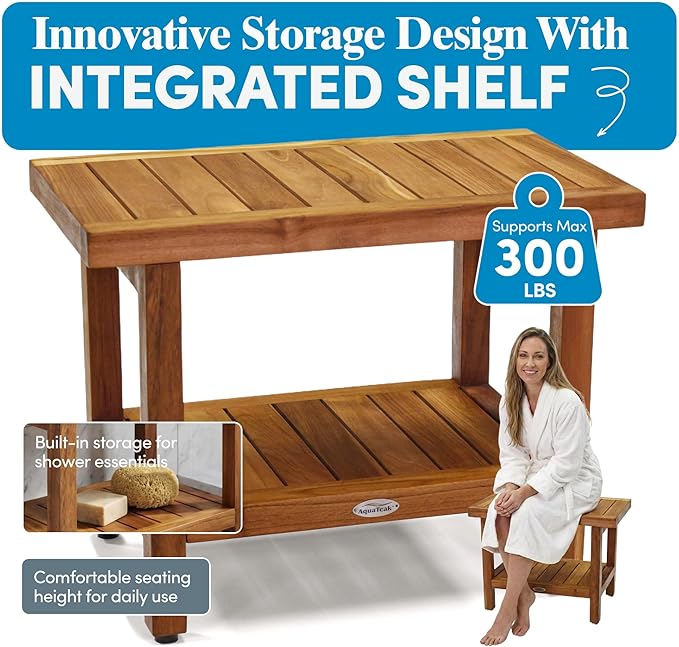 AquaTeak The Original 24" Spa Teak Shower Bench - Shower Stool with Storage Shelf & Premium Teak Oil - Durable Water Resistant Shower Chair - Shaving Foot Rest - Indoor & Outdoor Use
