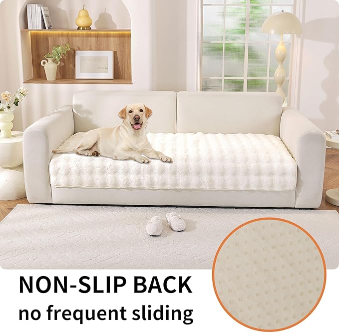 Waterproof Dog Bed Cover Non Slip Couch Covers for Dogs Washable Soft Faux Fur Sofa Cover Couch Covers for 2 Cushion Couch Sofa Pet Friendly (Off White)