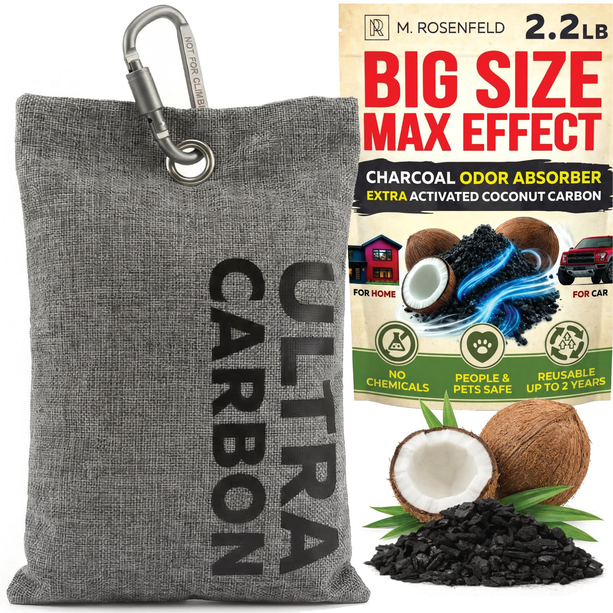 2.2LB (1000g) Activated Charcoal Odor Absorber for Strong Odor in Car, Home, Closet, Room - XL Large Natural Coconut Air Purifying Bag - Heavy Duty Smoke & Pet Smell Eliminator Deo