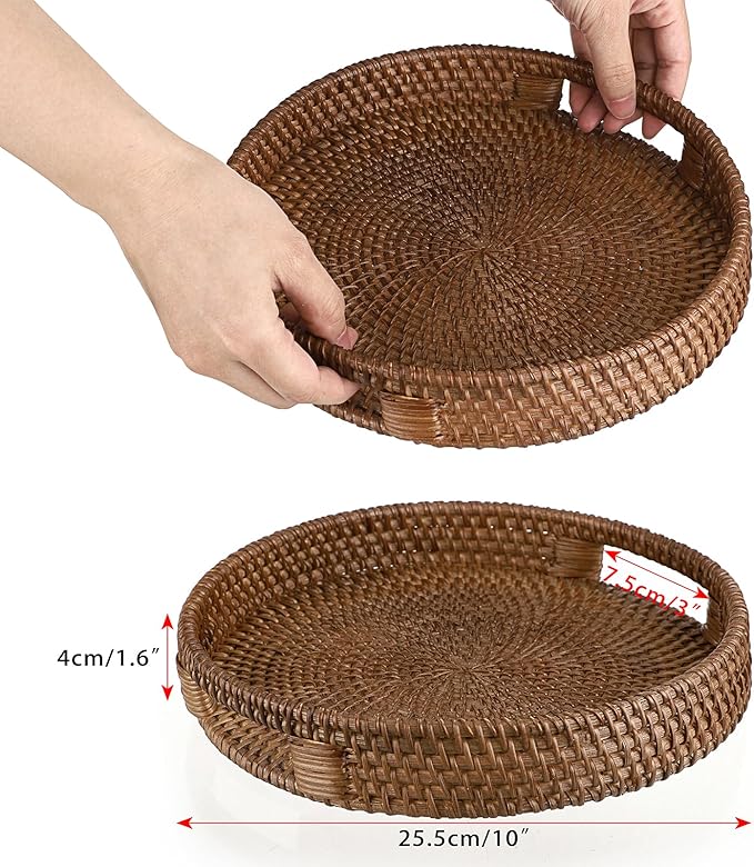 Hipiwe Rattan Round Serving Tray with Handles, Woven Decorative Basket Tray for Coffee Table, Small Wicker Ottoman Tray for Serving Breakfast Dinner Parties, Brown 10 inch