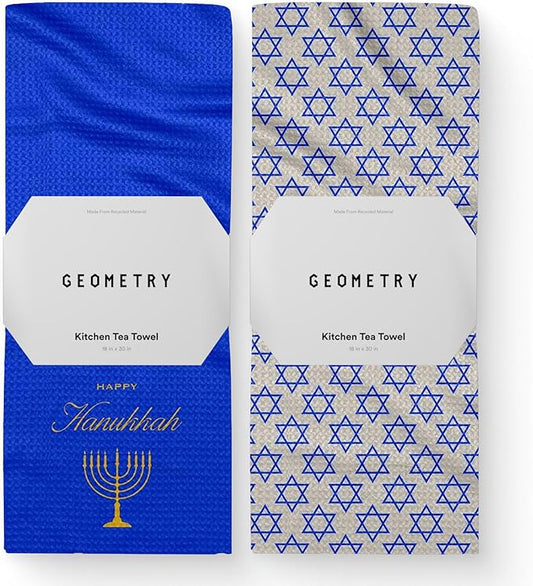 GEOMETRY Christmas Kitchen Towels - Quick Dry Microfiber Cloth Dish Towels for Kitchen Drying - Premium Quick Dry Towel, 2-Pack Set (Davids Star + Happy Hanukkah (Hanukkah Happiness)