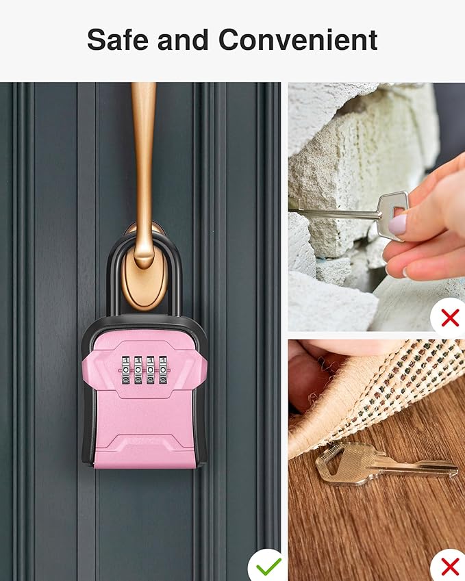 Puroma Lock Box, Key Lock Box Wall Mount & Portable Combination Lockbox with Resettable Code, Security Lockbox for Outside House Keys, Apartment Realtors Spare Keys Storage (1 Pack, Pink)