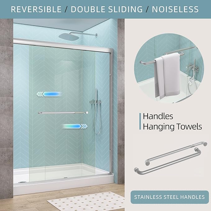 GETPRO Semi-Frameless Shower Door Double Sliding 62-66 in. W x 72 in. H Bypasss Bathroom Glass Shower Sliding Doors,1/4 inch Clear Tempered Glass Door for Walk-in Shower Brushed Nickel