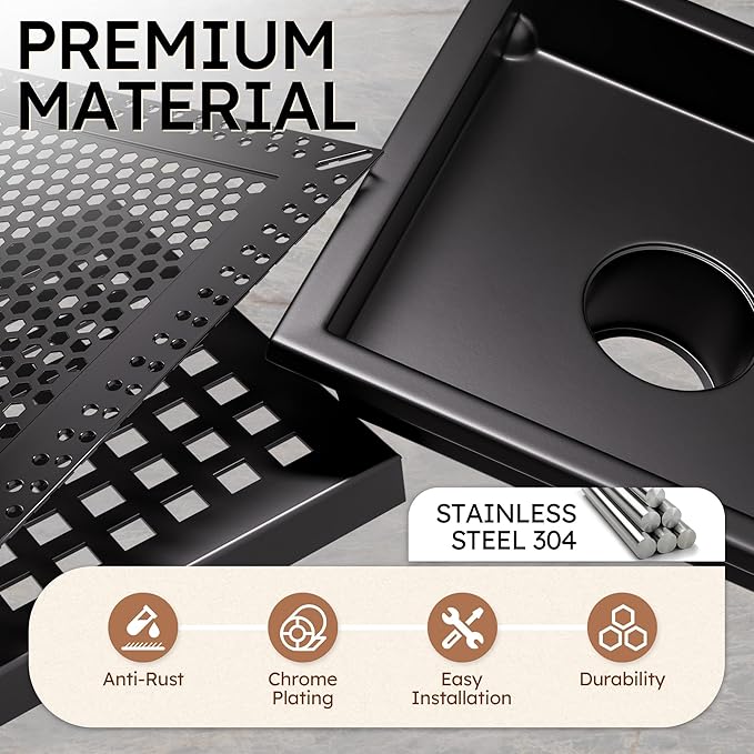 6 Inch Square Black Shower Drain with Flange, Modern Floor Drain with Quadrato Pattern Grate Removable,SUS 304 Stainless Steel