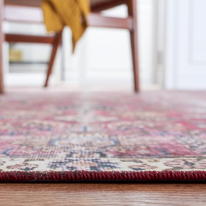 SAFAVIEH Washable Rug Tucson Collection - 6' Square, Red & Beige, Slip Resistant & Easy to Clean, Ideal for Living Room, Bedroom, Dining Space (TSN174Q)