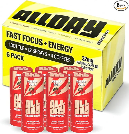 ALLDAY Focus + Energy Spray | Natural Caffeine + L-Theanine + Essential Vitamins | 0 Calorie, 0 Sugar | 12 Spray Bottle | Faster, Cleaner, Smoother Energy* (6 Pack Cherry Cola)