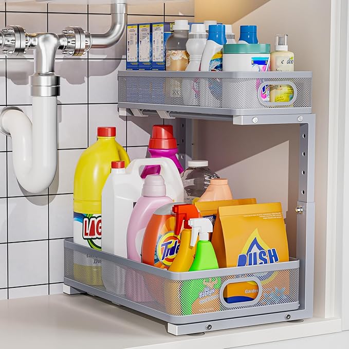 Under Sink Organizer, Height Adjustable 2 Tier Under Sink Organizers and Storage, Slide Out Metal Cabinet Organizers, Pull Out Sink Storage Drawer Shelf for Kitchen Bathroom Cabinet, Grey, 1 Pack