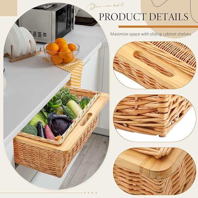 Rustic Wicker Pull out Cabinet Organizer Basket Drawers with Frame and Runners Slide 20" W x 20" l x 8" H for Kitchen Shelf Pantry Storage, Easy DIY Installation