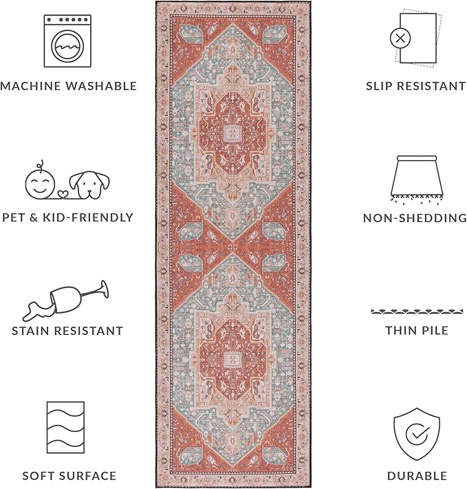 SAFAVIEH Washable Rug Tucson Collection - 2'6' x 8' Runner, Aqua & Rust, Slip Resistant & Easy to Clean, Ideal for Hallway, Foyer, Entryway, Bedroom (TSN150J)
