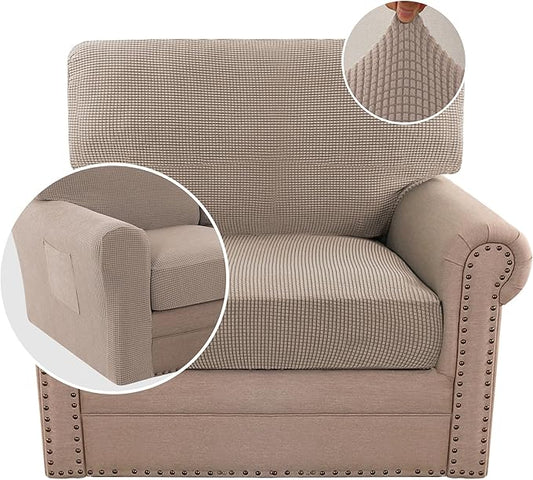 H.VERSAILTEX Multi-Pieces Chair Covers Stretch Couch Covers Form Fitted Seat and Back Cushions Covers (1 Seat Cover Plus 1 Back Cusion Cover, Bonus 2 Armrest Covers), Sand