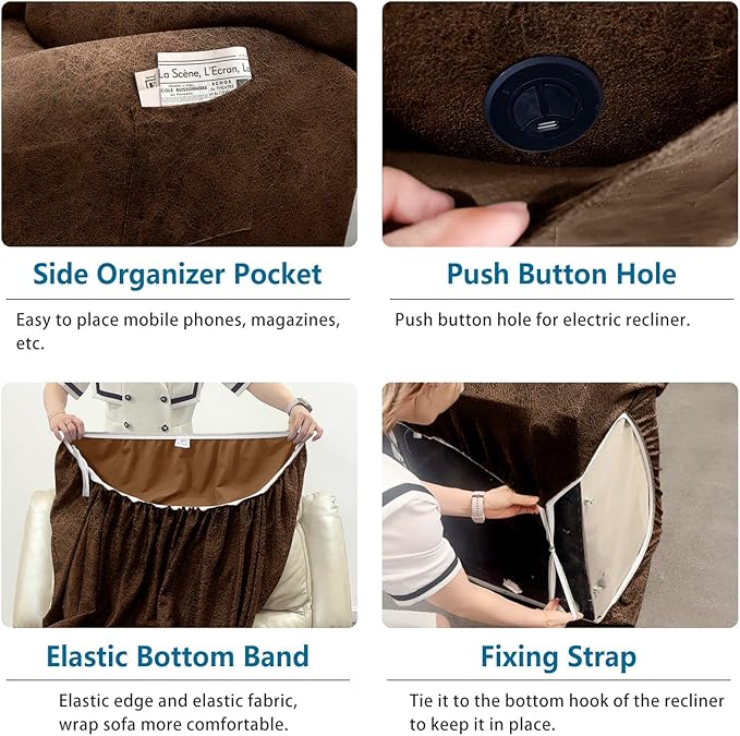 Couch Cover 8-Pieces Sofa Covers Washable Recliner Sofa Covers 3 Seater Leather Look Recliner Slipcovers with Pockets Spandex Fabric Furniture Covers(Recliner Sofa, Brown)
