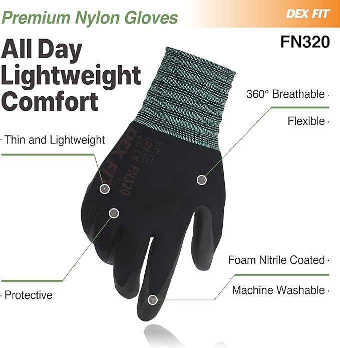 DEX FIT Premium Nylon Nitrile Work Gloves FN320, 12 Pairs,3D-Comfort Stretchy Fit, Firm Grip, Thin & Lightweight, Durable, Breathable & Cool, Machine Washable; Black 9 (L)