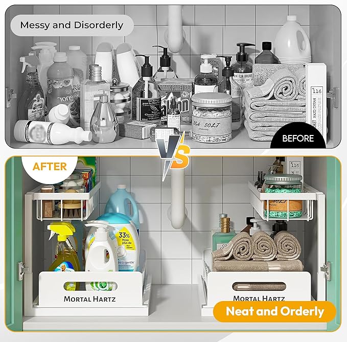 MORTALHARTS Under Sink Organizer – 1 Pack 2-Tier Sliding Storage Rack – Pull-Out Cabinet Organizer with Adjustable Metal Shelf, L-Shaped Design for Kitchen, Bathroom & Laundry Cabinets