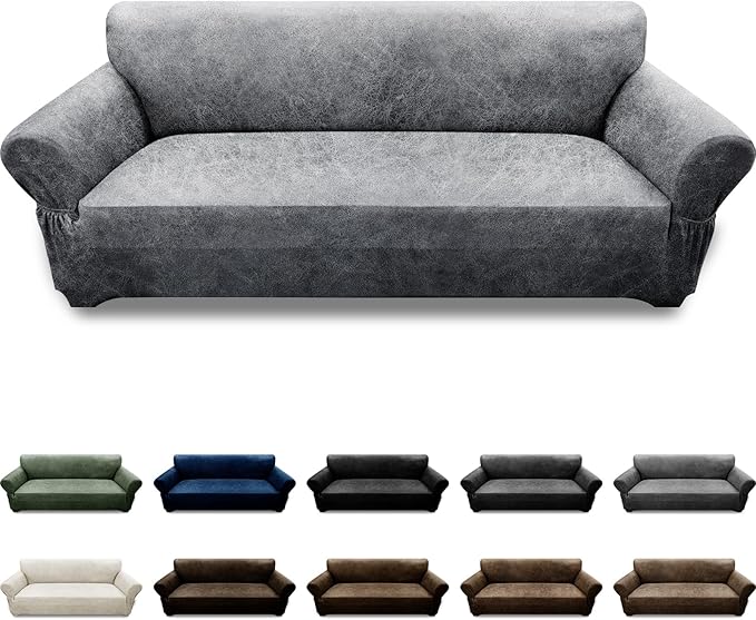 Couch Cover Leather Look 3 Seater Couch Sofa Cover 1-Piece Sofa Slipcover Stretch Furniture Protector with Elastic Bottom & Pockets(Sofa, Light Grey)