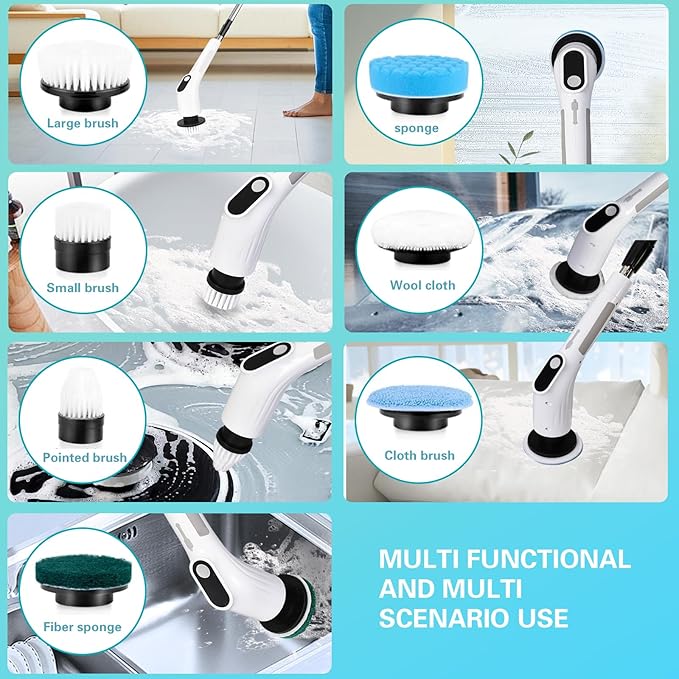 LICHIFIT Electric Spin Scrubber, Waterproof Cordless Shower Cleaning Brush with Replaceable Brush Heads and Adjustable Extension Handle 2 Speeds for Bathtub Kitchen Wall Cleaning