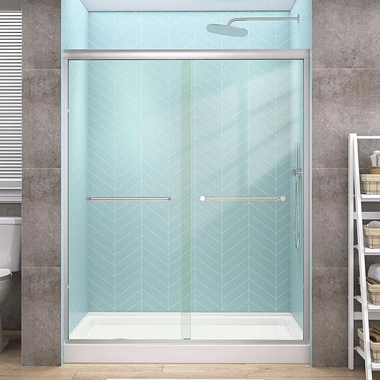 GETPRO Sliding Shower Door Semi-Frameless 50-54 in. W x 72 in. H Bypasss Double Sliding Glass Shower Enclosure,1/4 inch Clear Tempered Glass Door for Walk-in Shower Brushed Nickel