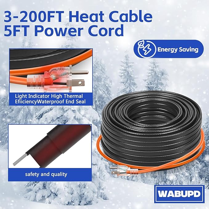 3FT-200FT Heat Tape for Water Pipes, -40°F Deicing Pipe Heat Cable,Electric Heating Cable Pipe,Frezze Protection for Heat Trace Cable for Metal, Plastic Home Pipes,Gutter,120V 5W/ft（100FT）