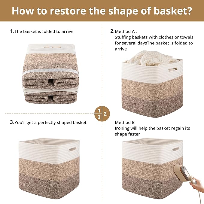 OIAHOMY 13 Kallax Inch Cube Storage Bins, 3-Pack Cotton Rope Woven Baskets for Organizing, Kallax Insert Storage Baskets for Shelves, Baby Nursery, Closet Organizer, 13 * 13 * 12.6IN, Gradient Brown