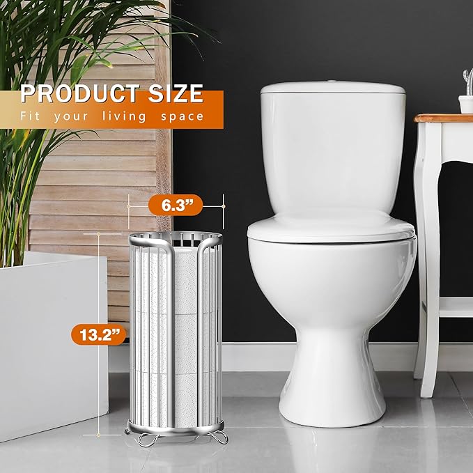 Toilet Paper Holder Stand, Freestanding Toilet Tissue Organizer, Minimalistic Storage Solution, Reserve Mega Rolls,Modern -2PACK Silver