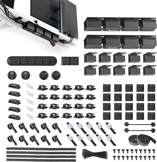 EUREKA ERGONOMIC Metal 316 PCS Cable Management Organizer Kit Cable Raceways, 6 Cable Holder, 4 Cord Sleeve, 60 Wire Clips, 2 Roll Self Adhesive Wire Ties, 100 Zip Ties Under PC Desk, Black