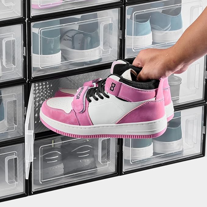 VEVOR Shoe Storage Boxes, 12 Pack Stackable Shoe Boxes Storage Organizers, Fit up to US Size 11, Plastic Modular Space Saving Sneaker Containers for Storing High Heels, Boots, and Hats, Black Frame