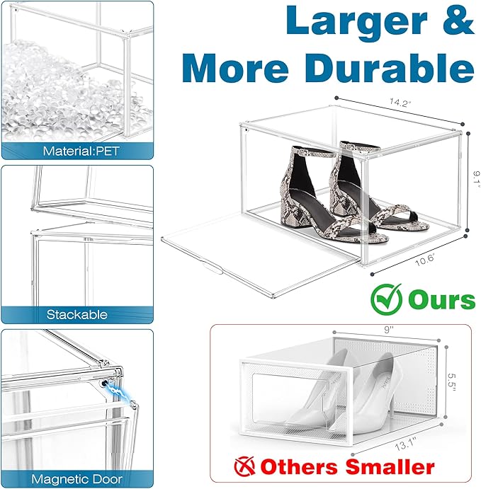 Clear Shoe Storage Boxes 6 Pack, Size 13 Acrylic Shoe Box Stackable Large Sneakers Display Case with Magnetic Door Hat Collectibles Handbag Purse Organizer for Closet