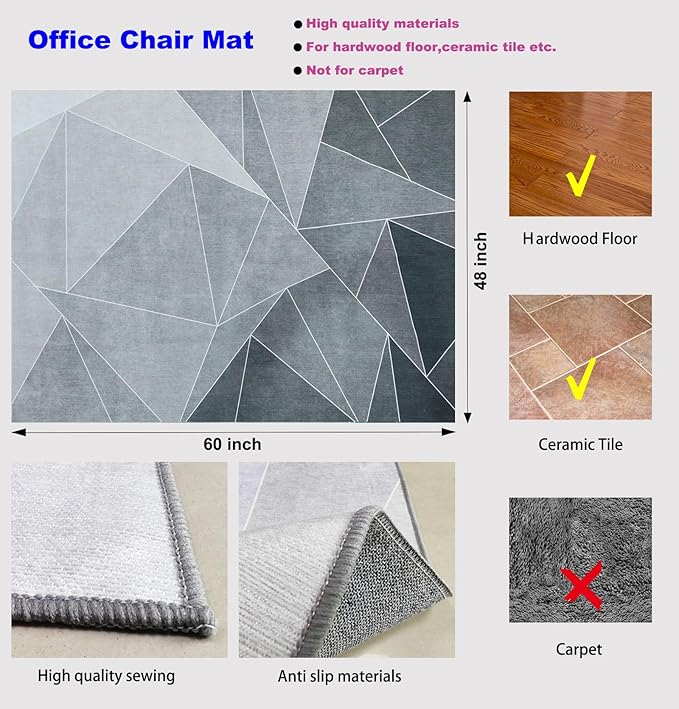 Office Chair Mat for Hardwood Floor,60"x48" Under Desk Mat, Computer Chair Rug,Anti-Slip Carpet Chair Mats Floor Protector for Home Office,Black Grey